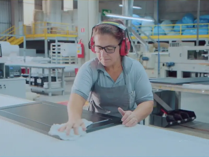 Colaboradora da fábrica da Kless acabando uma peça
