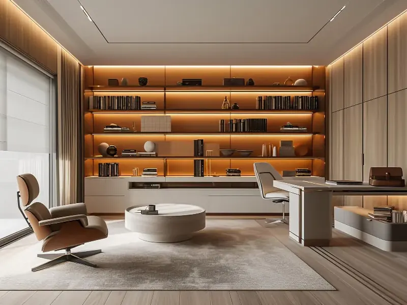 Render 3D realista de um home office planejado, com estante iluminada e painéis de madeira